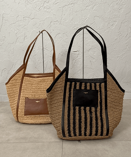 【SUNCOO】ご予約 ラフィア×レザー　ストライプBAG