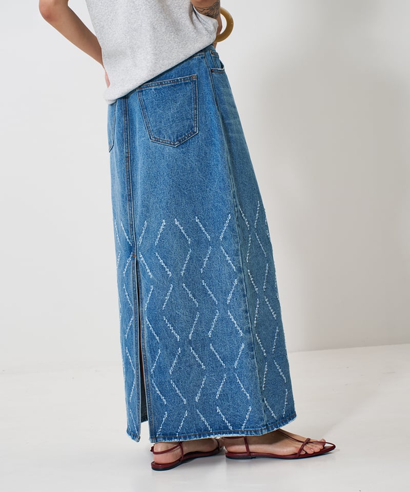 YENN ダメージデニムスカート YENN ダメージデニムスカート YENN】 ご予約 LASER CUT DENIM SK