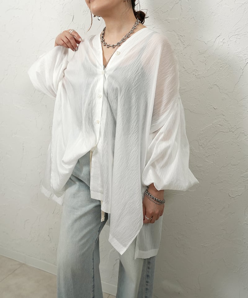 新品タグ付き　Dolmansleeve Sheer Blouse ホワイト SALE】Sheer Docking Oversized Shirt