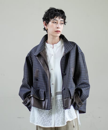 【Lallia Mu】　ご予約  フェイクレザードッキングチェックジャケット