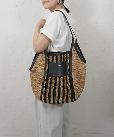 【SUNCOO】ご予約 ラフィア×レザー　ストライプBAG