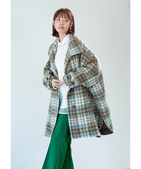 【Lallia Mu】　ご予約  スタンドカラーチェックロングコート
