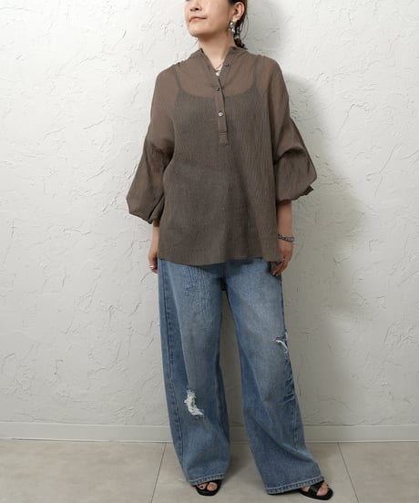 Cotton stripe voile gather pullover