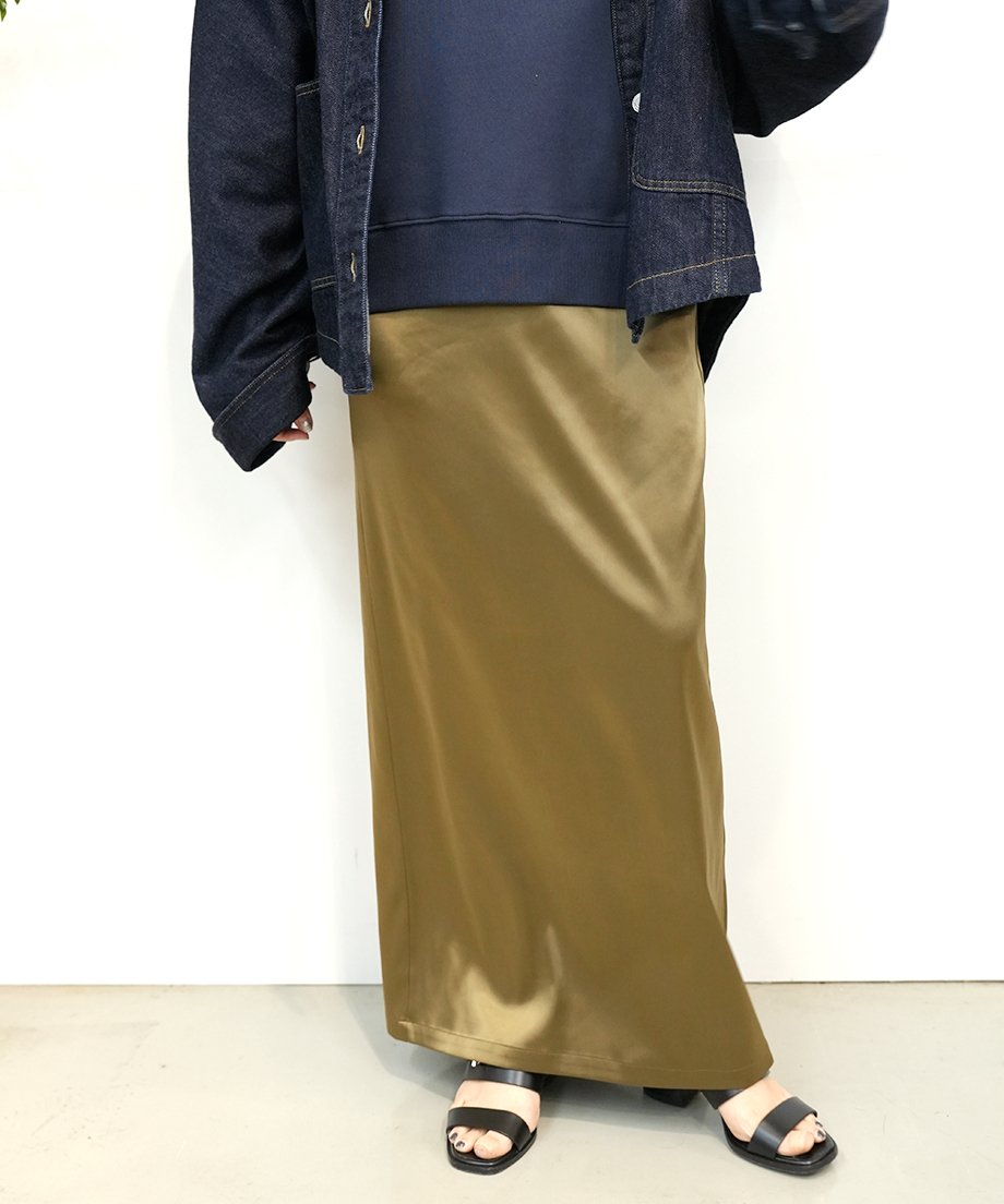 cafund】ご予約 レザーライクストレッチサテンスカート | select shop L
