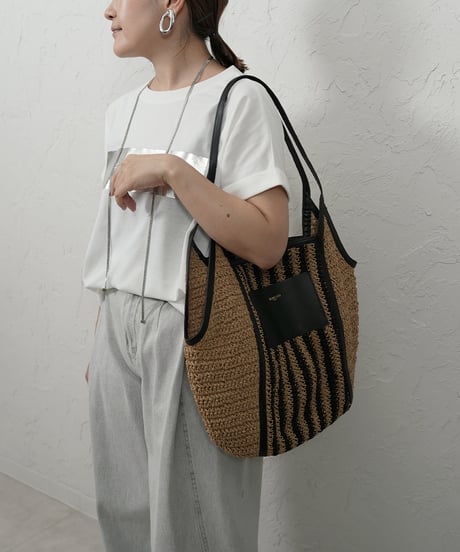【SUNCOO】ご予約 ラフィア×レザー　ストライプBAG