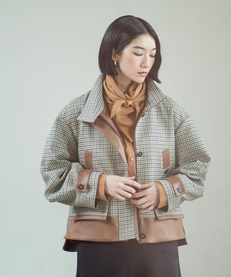 【Lallia Mu】　ご予約  フェイクレザードッキングチェックジャケット