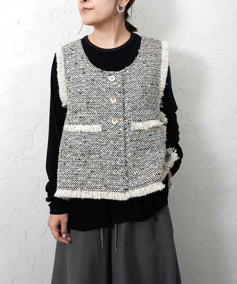Random tweed open vest | select shop Liren