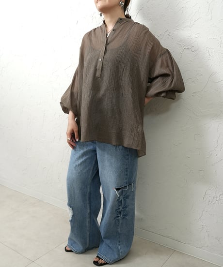 Cotton stripe voile gather pullover