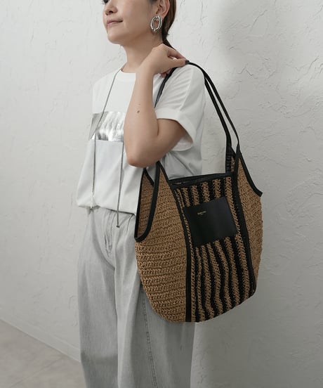【SUNCOO】ご予約 ラフィア×レザー　ストライプBAG