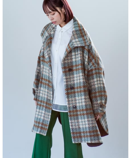 【Lallia Mu】　ご予約  スタンドカラーチェックロングコート