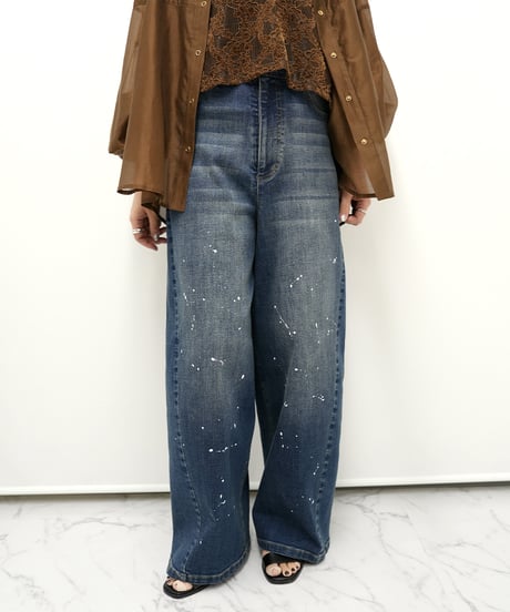 【ayene】　ご予約  ペイント加工バレルレッグデニムパンツ（ブルーデニム）【レギュラー丈】