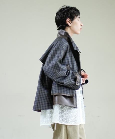 【Lallia Mu】　ご予約  フェイクレザードッキングチェックジャケット