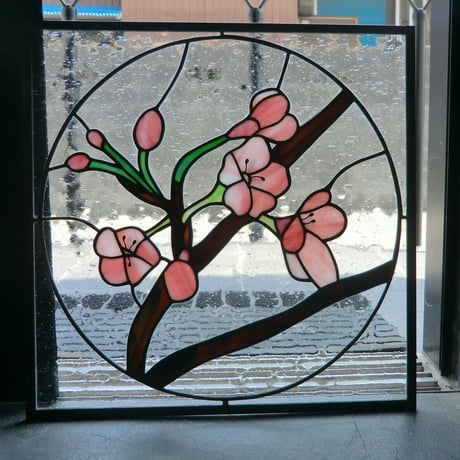 送料無料 ステンドグラス　和風 桜 パネル 建築 窓 ドア 壁用