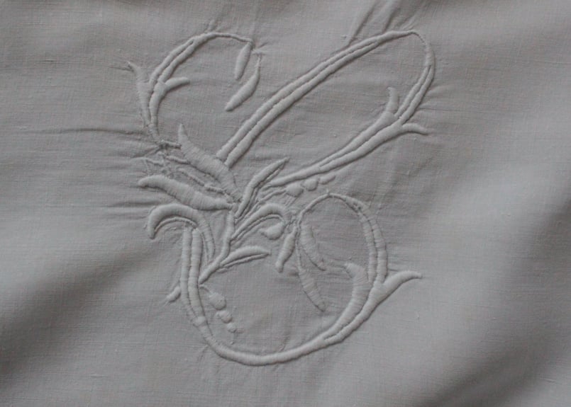 France Antique Linge Ancien Feuilles MONOGRAM“J