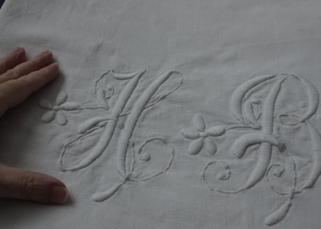 France Antique Linge Ancien Feuilles MONOGRAM“HB”シーツ