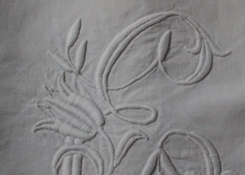 France Antique Linge Ancien Feuilles MONOGRAM“E