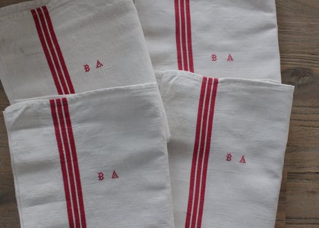 France Antique Torchons  “BA”赤ライントルション(数量4)