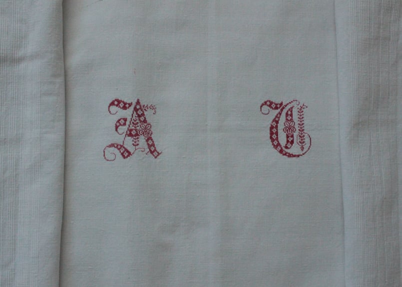 France Antique Linge Ancien Feuilles Monogram