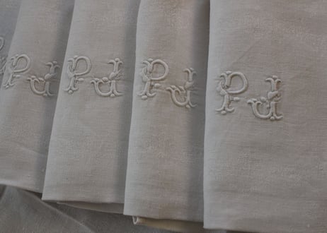【送料無料対象商品】France Antique “PJ”  MONOGRAM Whitework手刺繍モノグラムクロス（数量5）