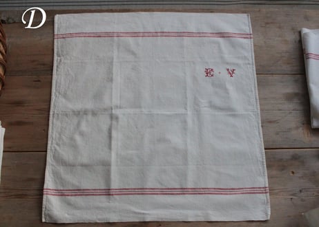 【送料無料対象商品】 France Antique Torchons 赤ライントルション/MONOGRAM“EV”(数量4)