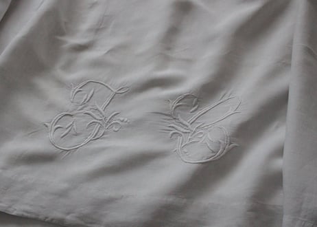 France Antique Linge Ancien Feuilles MONOGRAM“JC”