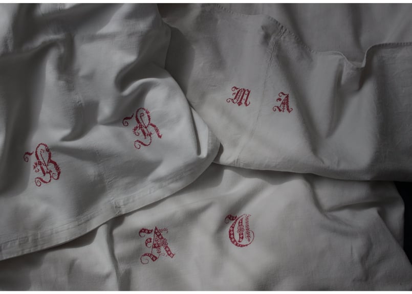 France Antique Linge Ancien Feuilles Monogram