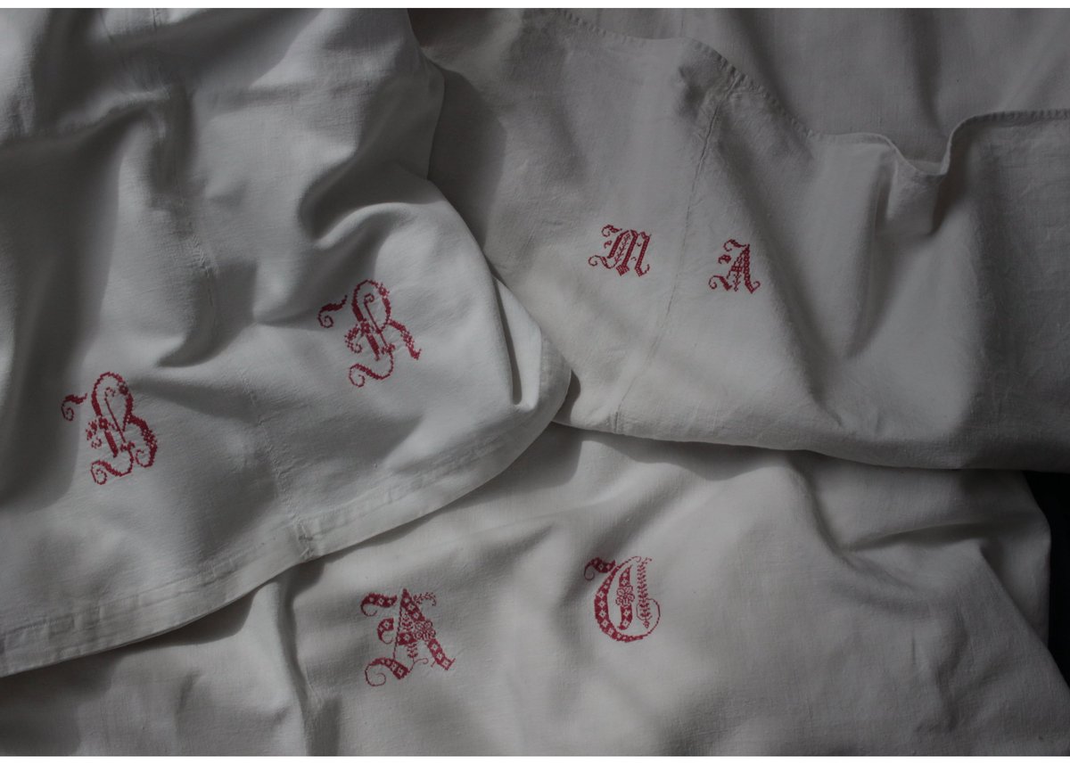 France Antique Linge Ancien Feuilles Monogram