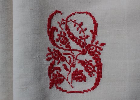 France Antique MONOGRAM“SD”赤花文字/モノグラム大判シーツ