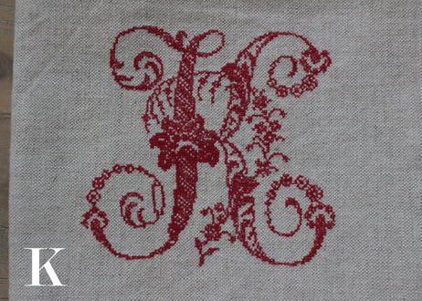 France Antique Torchons 赤ラインリネントルション/MONOGRAM(数量9)