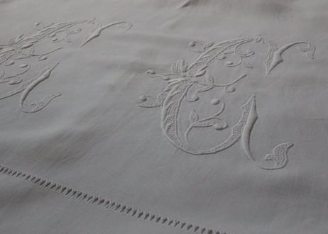 France Antique Linge Ancien Feuilles MONOGRAM“CC”大判シーツ