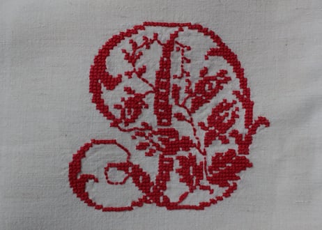 France Antique MONOGRAM“SD”赤花文字/モノグラム大判シーツ