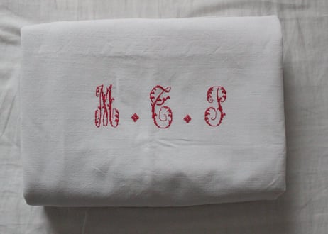 France Antique Linge Ancien Feuilles MONOGRAM“MTP”シーツ