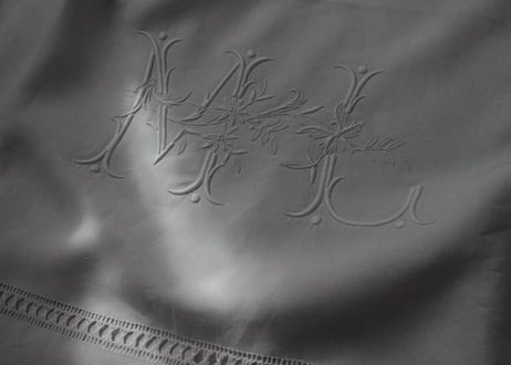 France Antique Linge Ancien Feuilles MONOGRAM“ML”大判シーツ