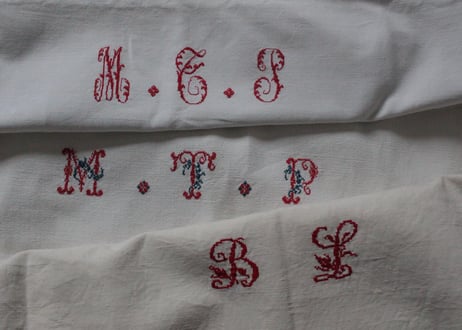 France Antique Linge Ancien Feuilles MONOGRAM“MTP”シーツ/RED・GREEN