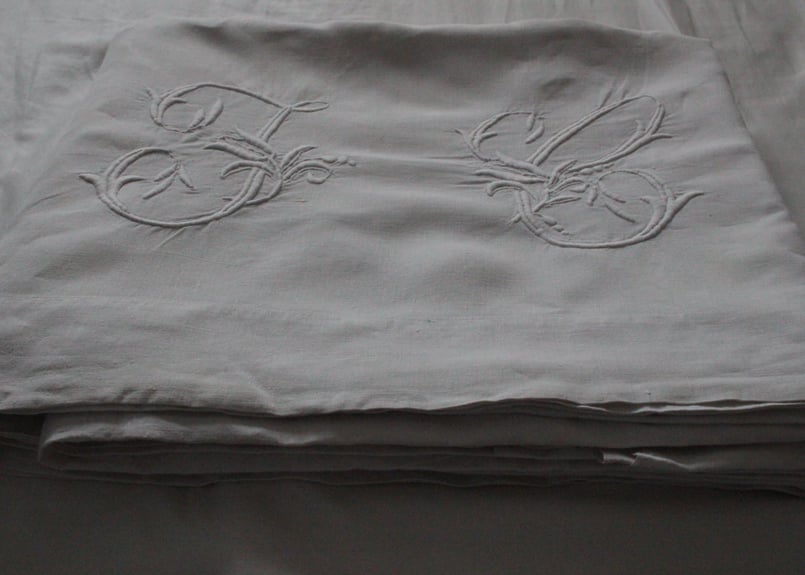 France Antique Linge Ancien Feuilles MONOGRAM“J