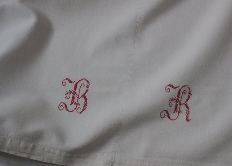 France Antique Linge Ancien Feuilles Monogram