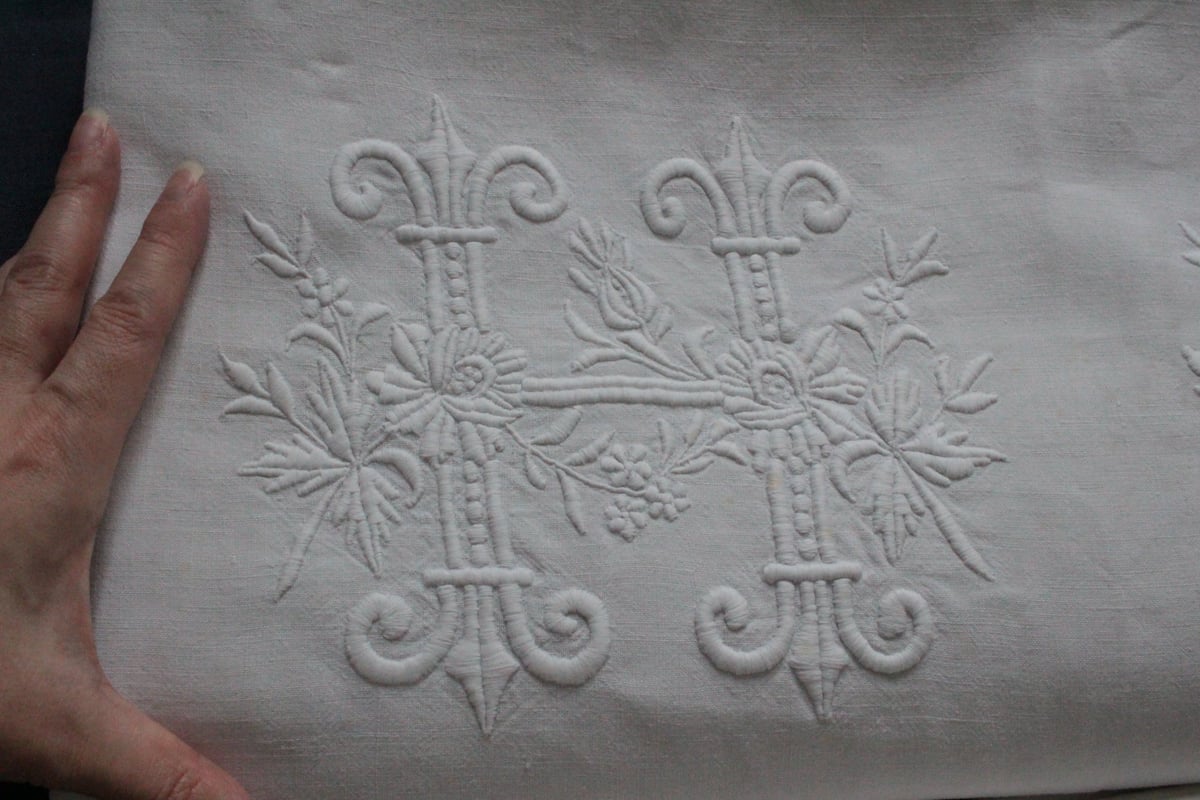 France Antique Linge Ancien Feuilles MONOGRAM“H