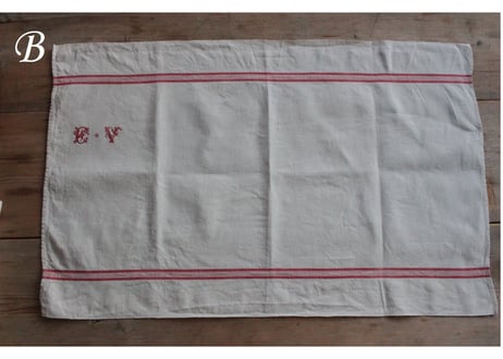 【送料無料対象商品】 France Antique Torchons 赤ライントルション/MONOGRAM“EV”(数量4)