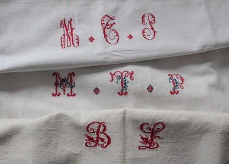 France Antique Linge Ancien Feuilles MONOGRAM“MTP”シーツ