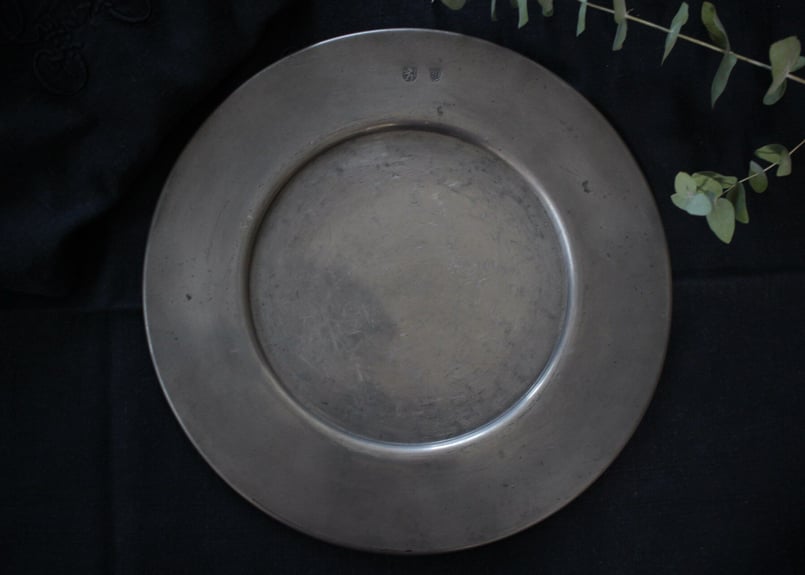 フランス ビンテージ エタン ピューター オクトゴナルプレート Pewter Plate / ピューター プレート【G】〈 お皿・エタン・収納