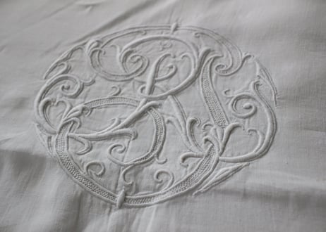 France Antique Linge Ancien Feuilles MONOGRAMピュアリネンの大判シーツ