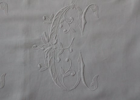 France Antique Linge Ancien Feuilles MONOGRAM“CC”大判シーツ