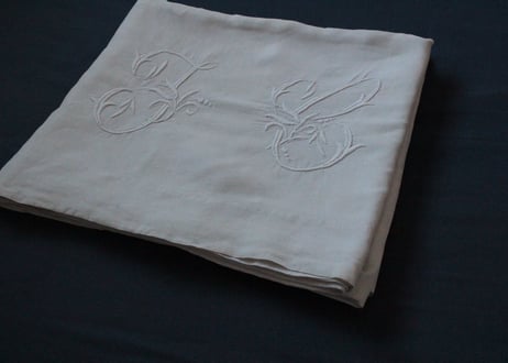 France Antique Linge Ancien Feuilles MONOGRAM“JC”