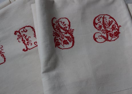 France Antique MONOGRAM“SD”赤花文字/モノグラム大判シーツ