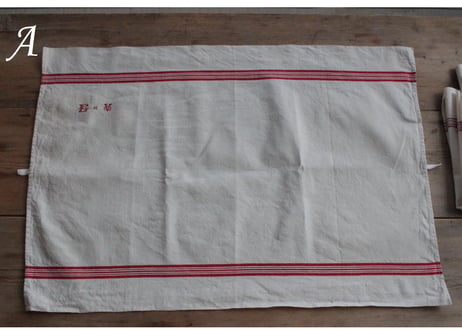 【送料無料対象商品】 France Antique Torchons 赤ライントルション/MONOGRAM“EV”(数量4)