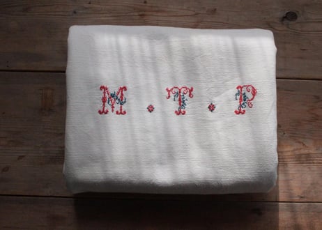 France Antique Linge Ancien Feuilles MONOGRAM“MTP”シーツ/RED・GREEN