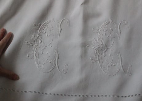 France Antique Linge Ancien Feuilles MONOGRAM“CC”大判シーツ
