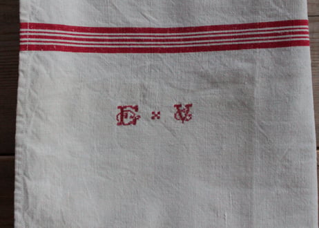 【送料無料対象商品】 France Antique Torchons 赤ライントルション/MONOGRAM“EV”(数量4)