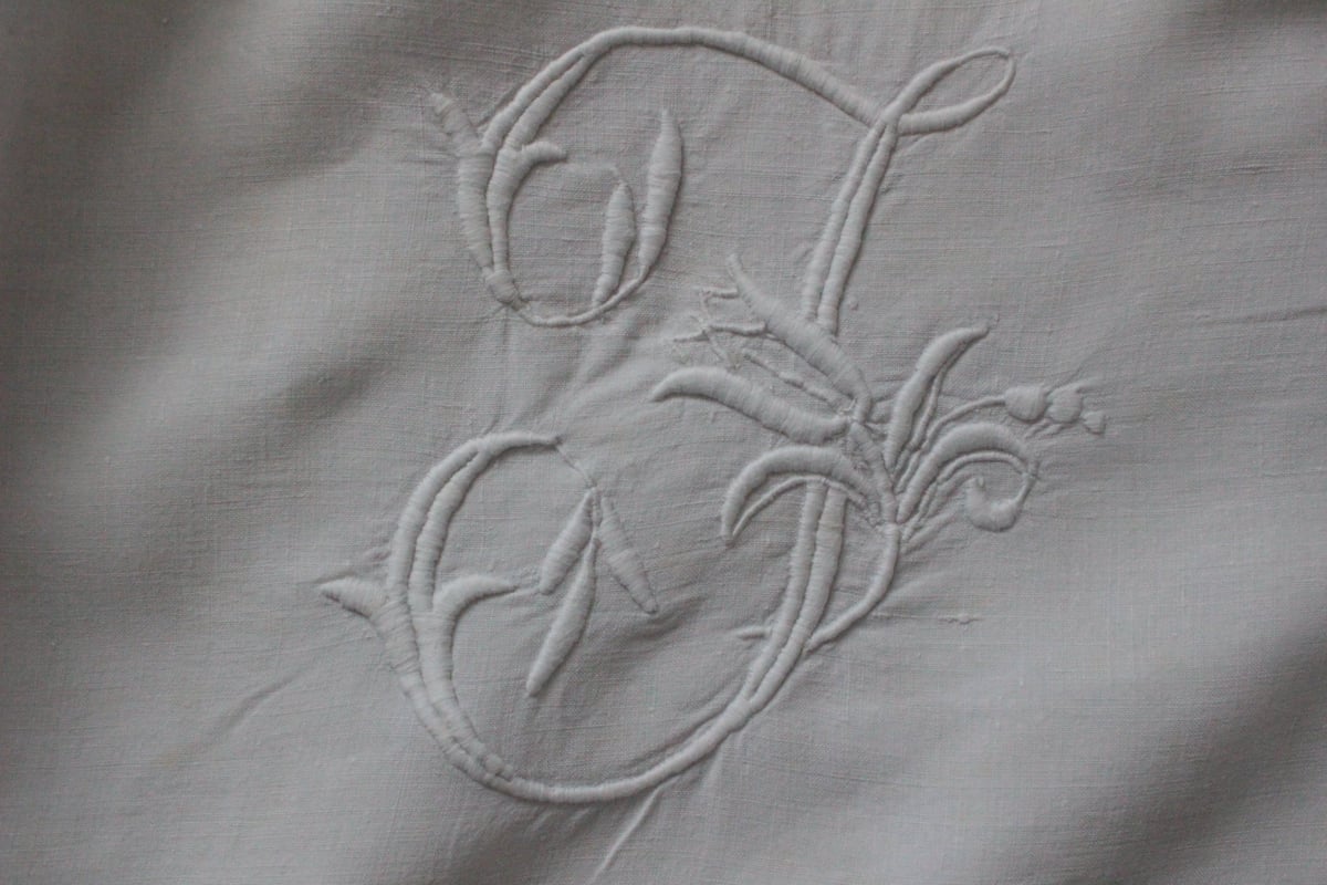 France Antique Linge Ancien Feuilles MONOGRAM“J