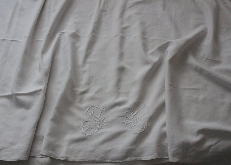 France Antique Linge Ancien Feuilles MONOGRAM“J
